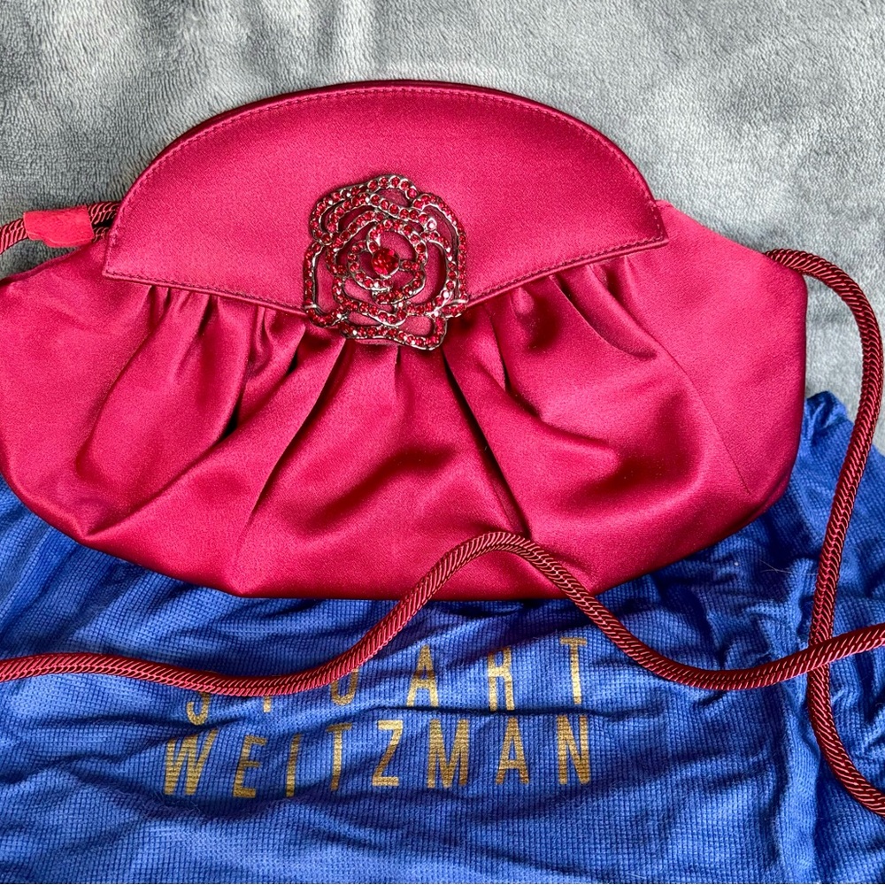 Stuart Weitzman Pink Clutch Bag with Ruched Fabric and Decorative Beaded Flower